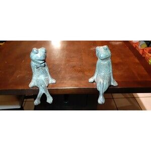 2 Heavy Large 9" x 4' Brass Frog (Pair) Shelf Sitter Figurine